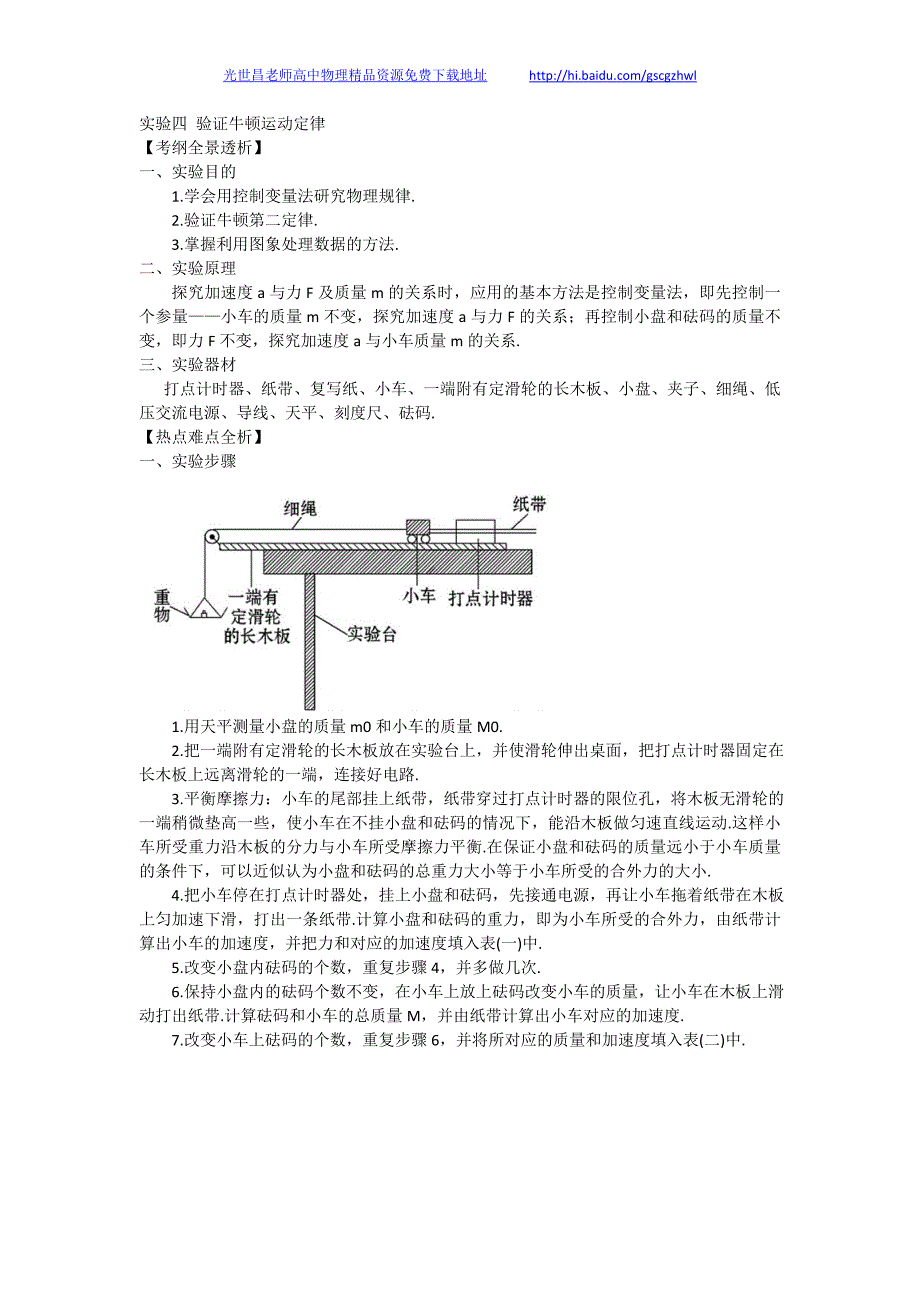 2013版物理一轮精品复习学案 实验四 验证牛顿运动定律（必修1）_第1页