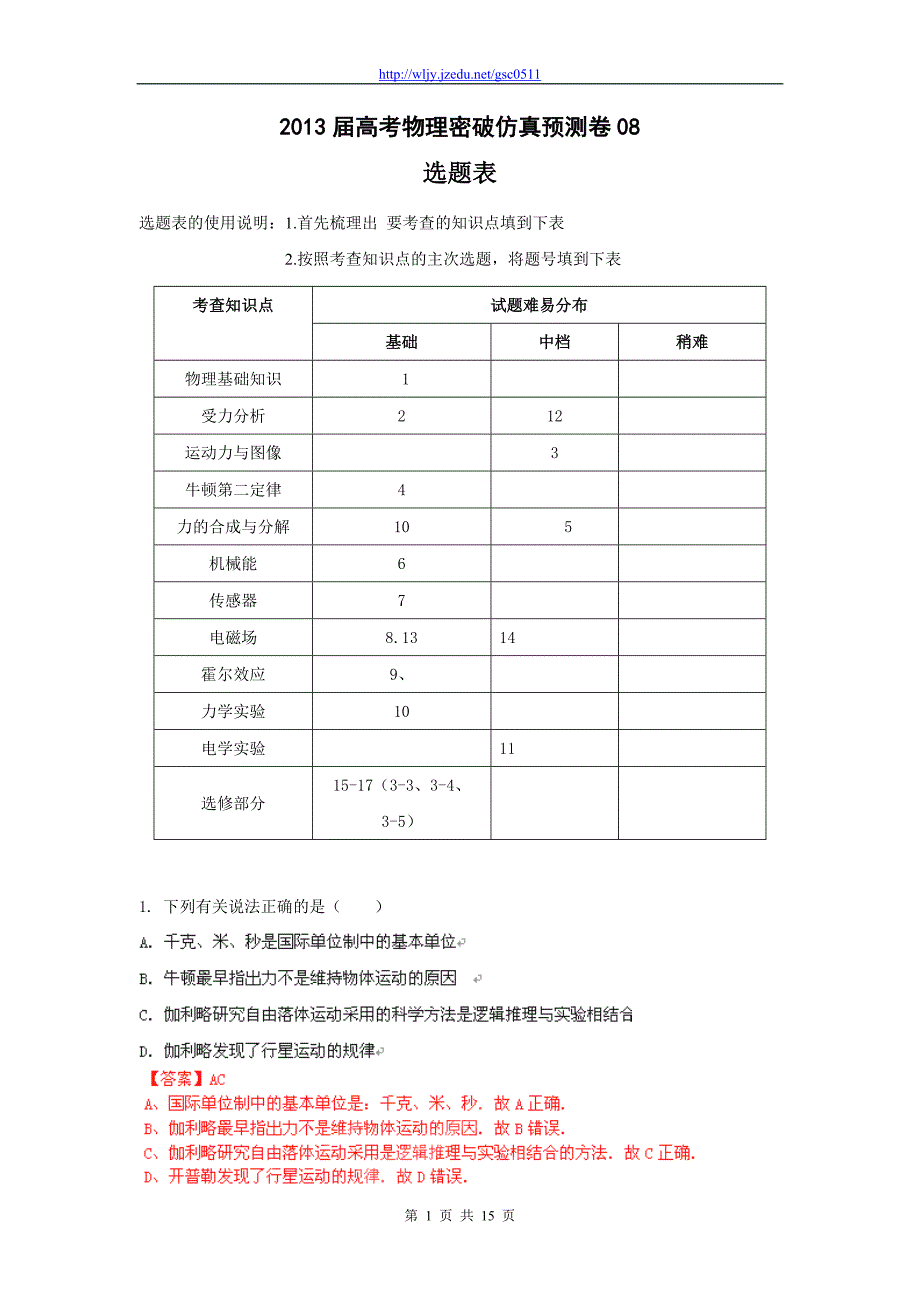 2013年高考物理密破仿真预测卷08（解析版 含选题表）_第1页