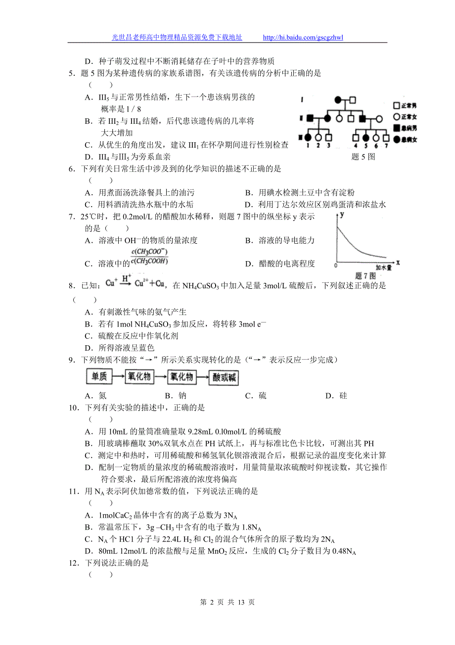 2012年重庆市高三年级上学期期末考试理综试题（2012.01）_第2页