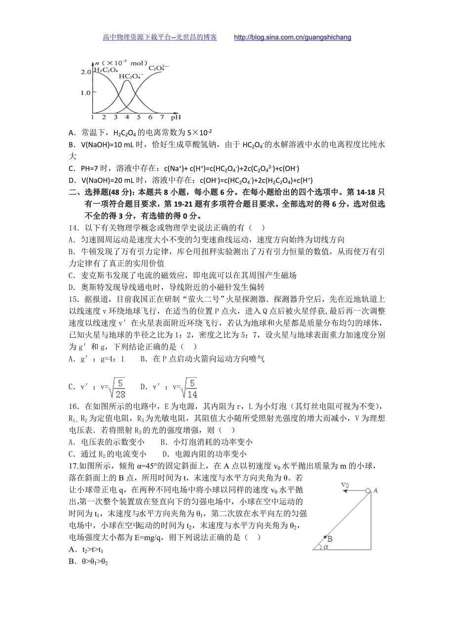 理综卷2016年山东省高三第六次月考（2016.05）_第5页