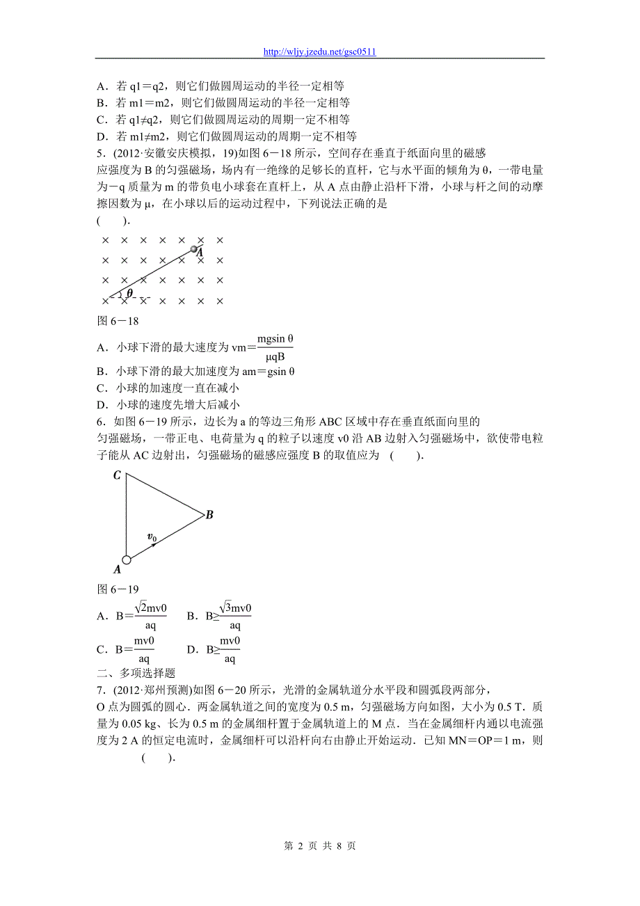 2013年高考物理二轮复习精品试题 训练6磁场的基本性质_第2页