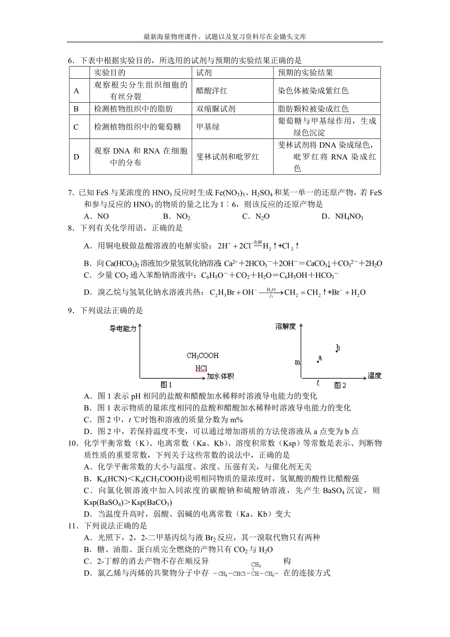 云南省高三10月测试理综试题（2012.10）_第2页