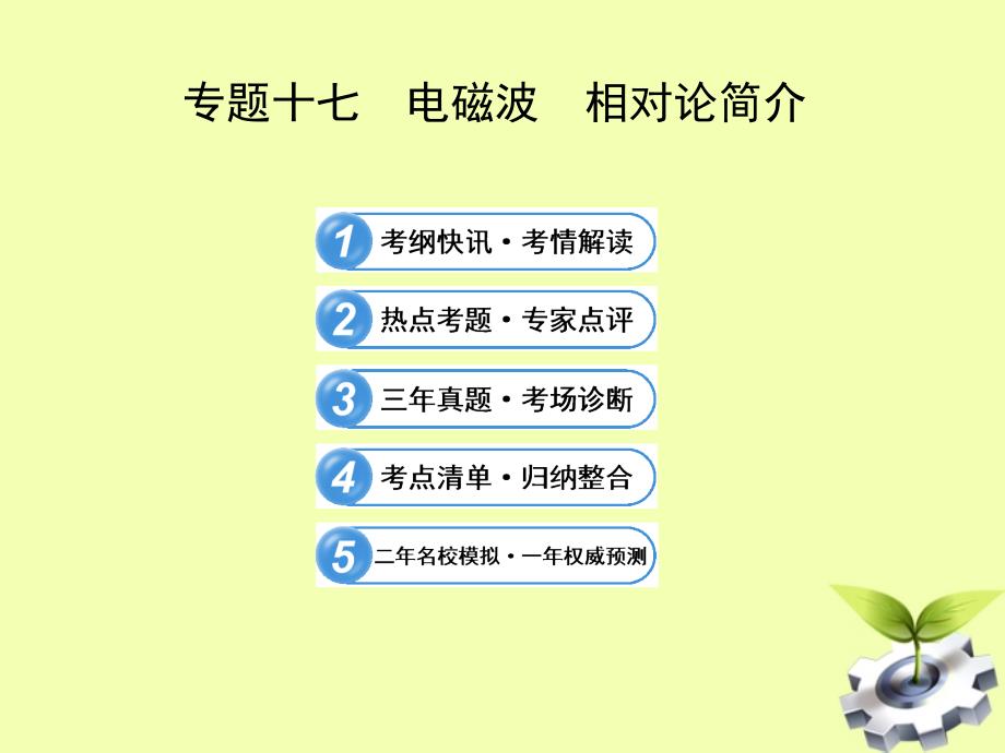 2013高考物理冲刺复习 专题十七 电磁波 相对论简介课件_第1页