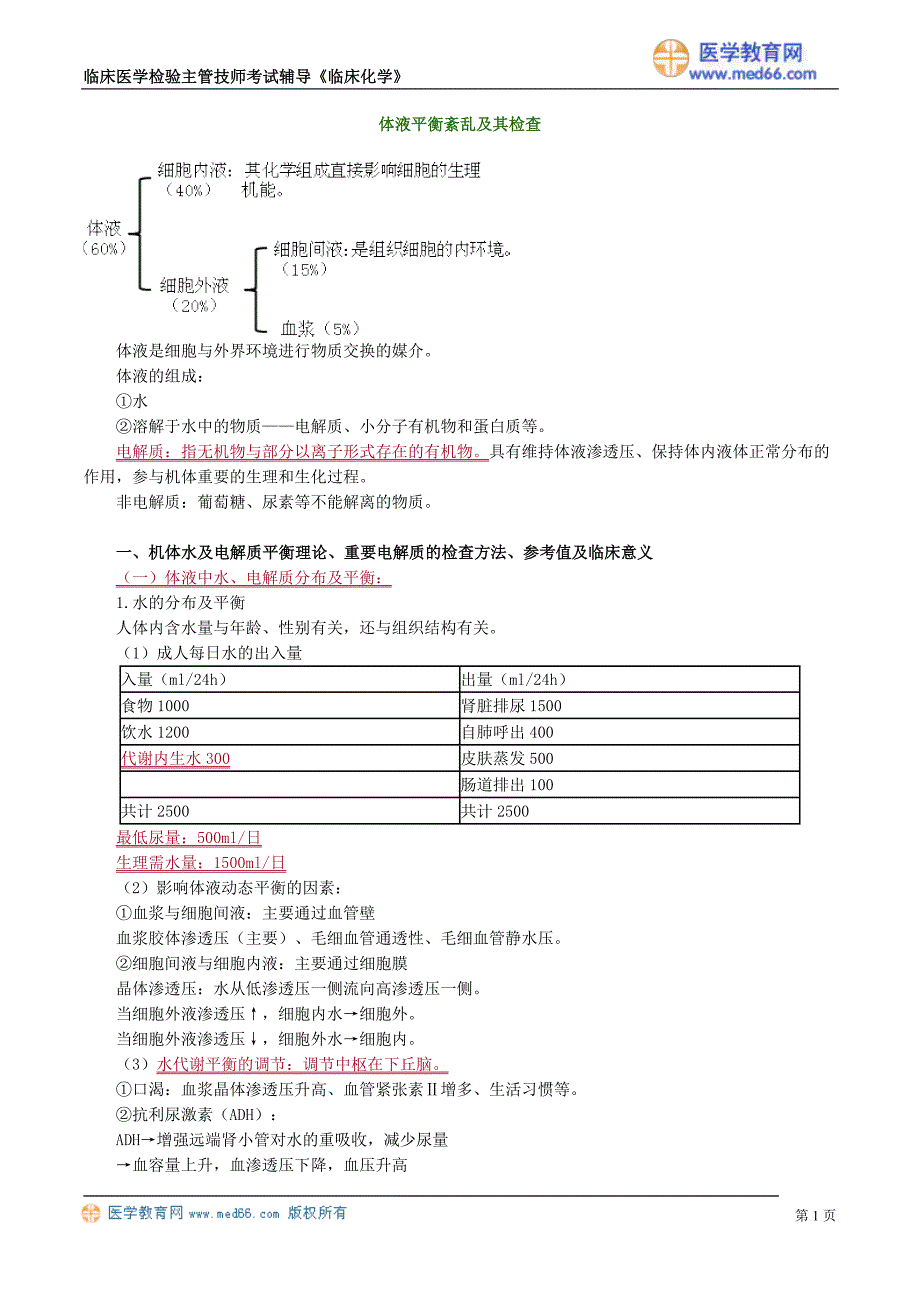 《临床化学》体液平衡紊乱及其检查（讲义）临床医学检验主管技师考试辅导_第1页