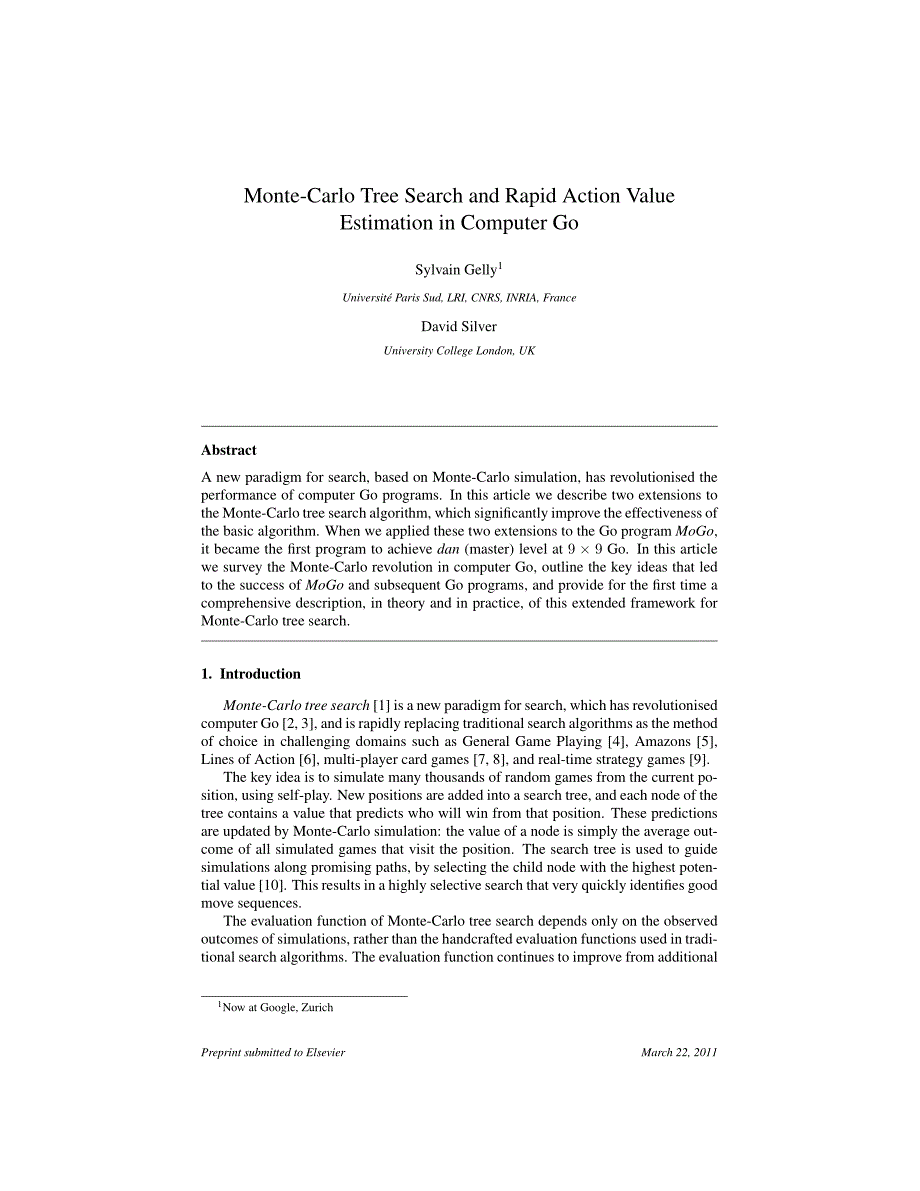 Monte-Carlo tree search and rapid action value estimation in computer Go_第1页