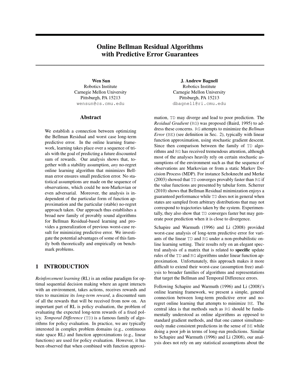 Online Bellman Residual and Temporal Difference Algorithms with Predictive Error Guarantees_第1页