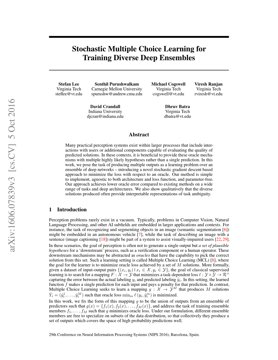 Stochastic Multiple Choice Learning for Training Diverse Deep Ensembles_第1页