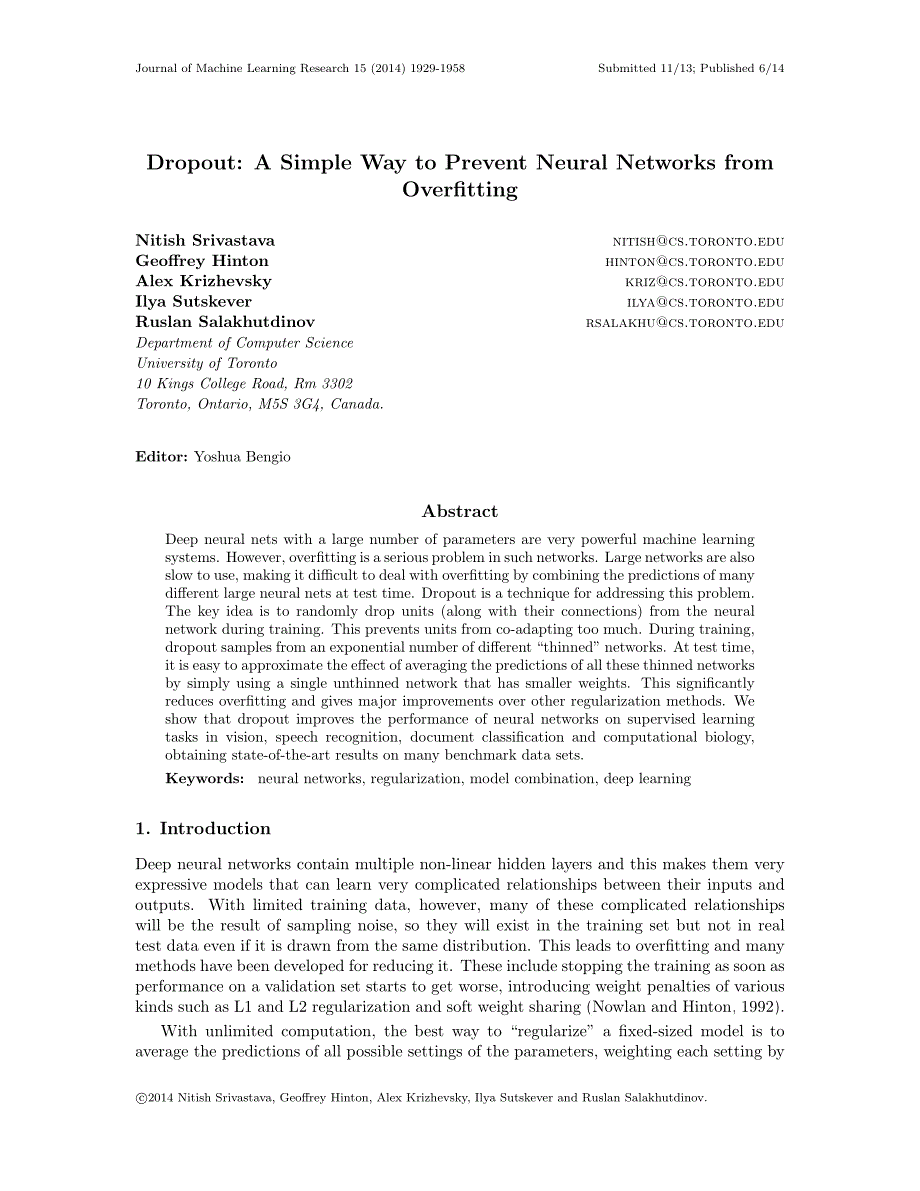 Dropout A Simple Way to Prevent Neural Networks from Overﬁtting_第1页