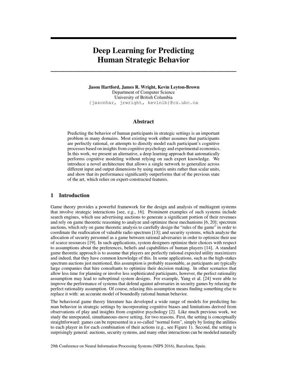 Deep Learning for Predicting human strategic behavior_第1页