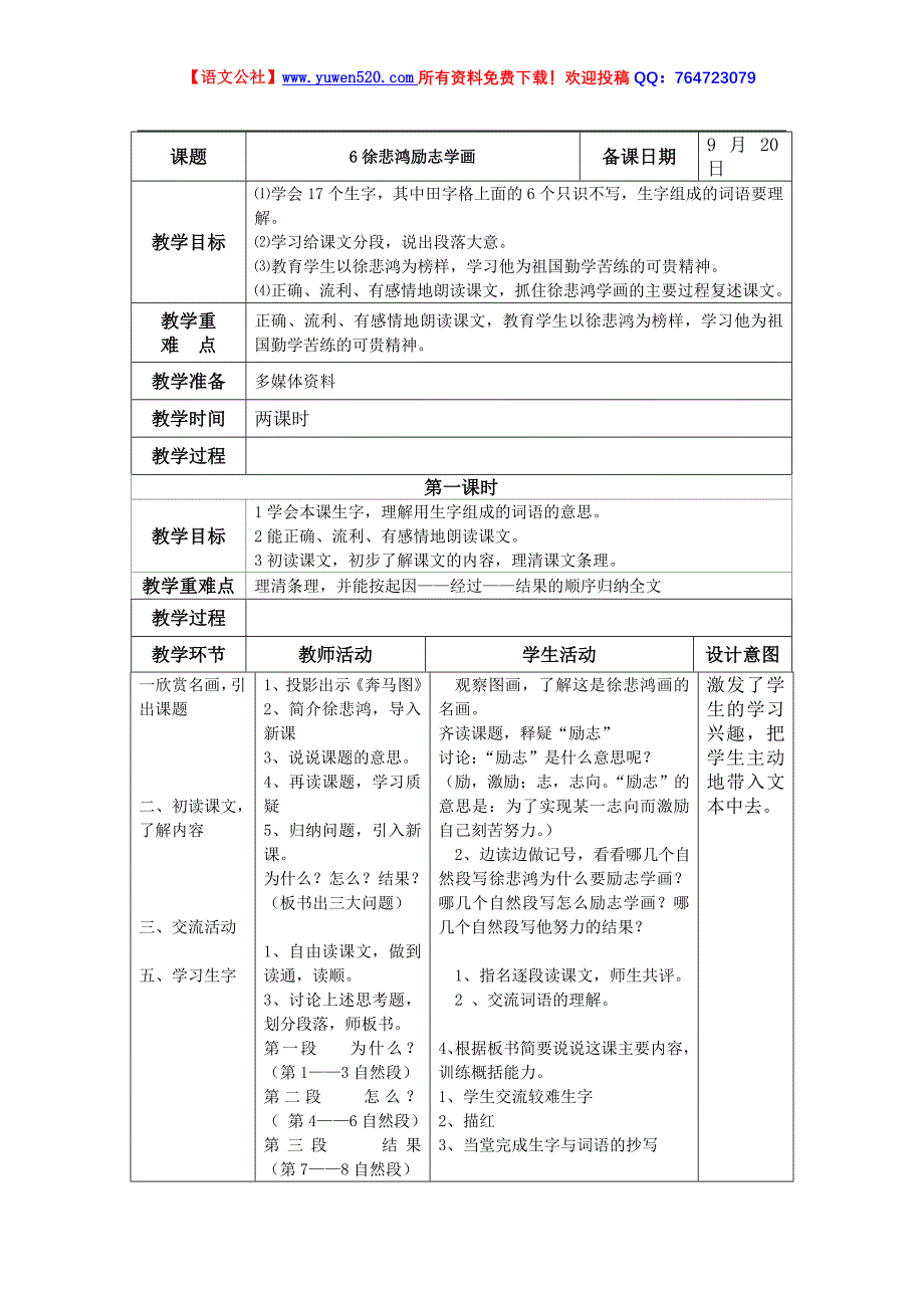 《徐悲鸿励志学画》表格式教案【苏教版四年级】_第1页