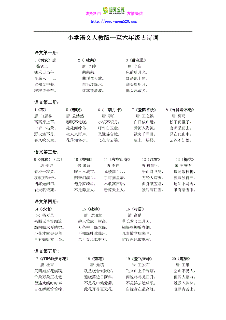 小学语文人教版一至六年级古诗词_第1页