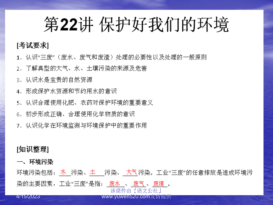 （人教版）中考化学知识点冲刺课件：第22讲-保护好我们的环境（12页）_第1页