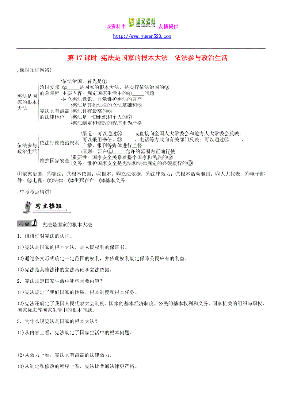 【命题研究】2016届中考政治考点梳理：第17课时-宪法是国家的根本大法_第1页