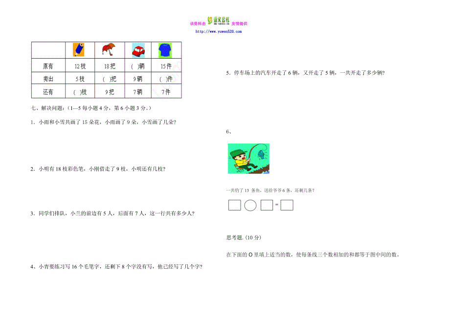 【人教版】小学一年级下册：第2单元《20以内退位减法》检测题_第2页