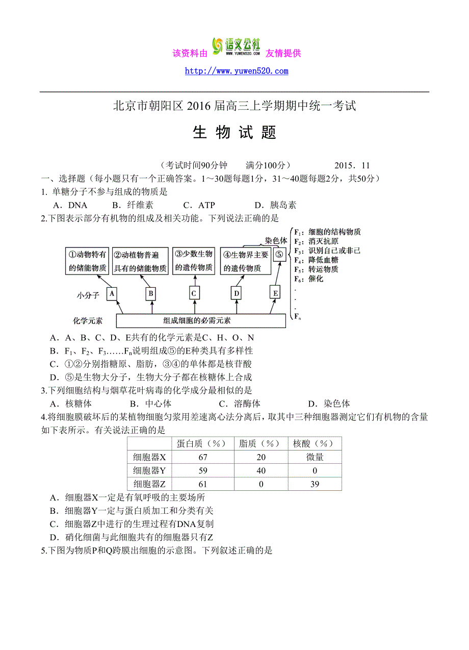 北京市朝阳区2016届高三上学期期中统一考试生物试题（含答案）_第1页