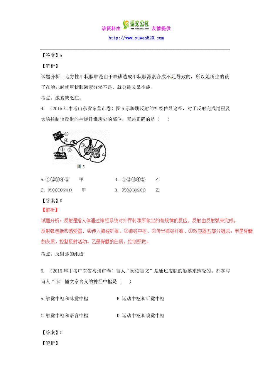 2016年中考生物微测试系列：专题（07）人体的调经调节和激素调节（含答案）_第2页