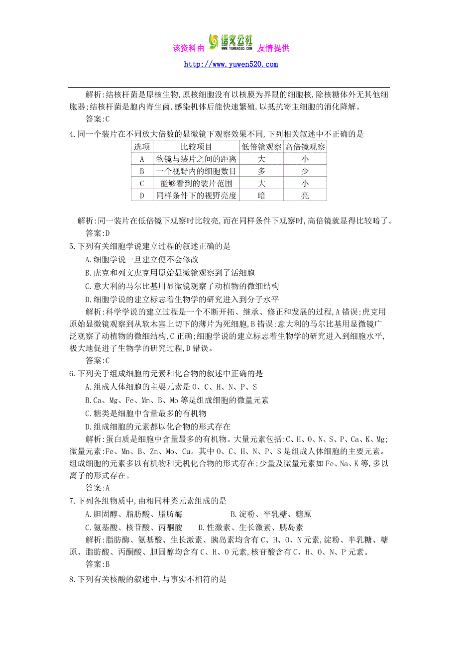 2016高三生物一轮复习备考 第一单元 走近细胞 组成细胞的分子（教师用卷） 新人教版_第2页