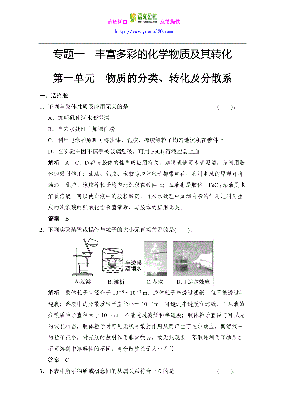 高考化学一轮复习专题训练：专题1 丰富多彩的化学物质及其转化 Word版含解析_第1页