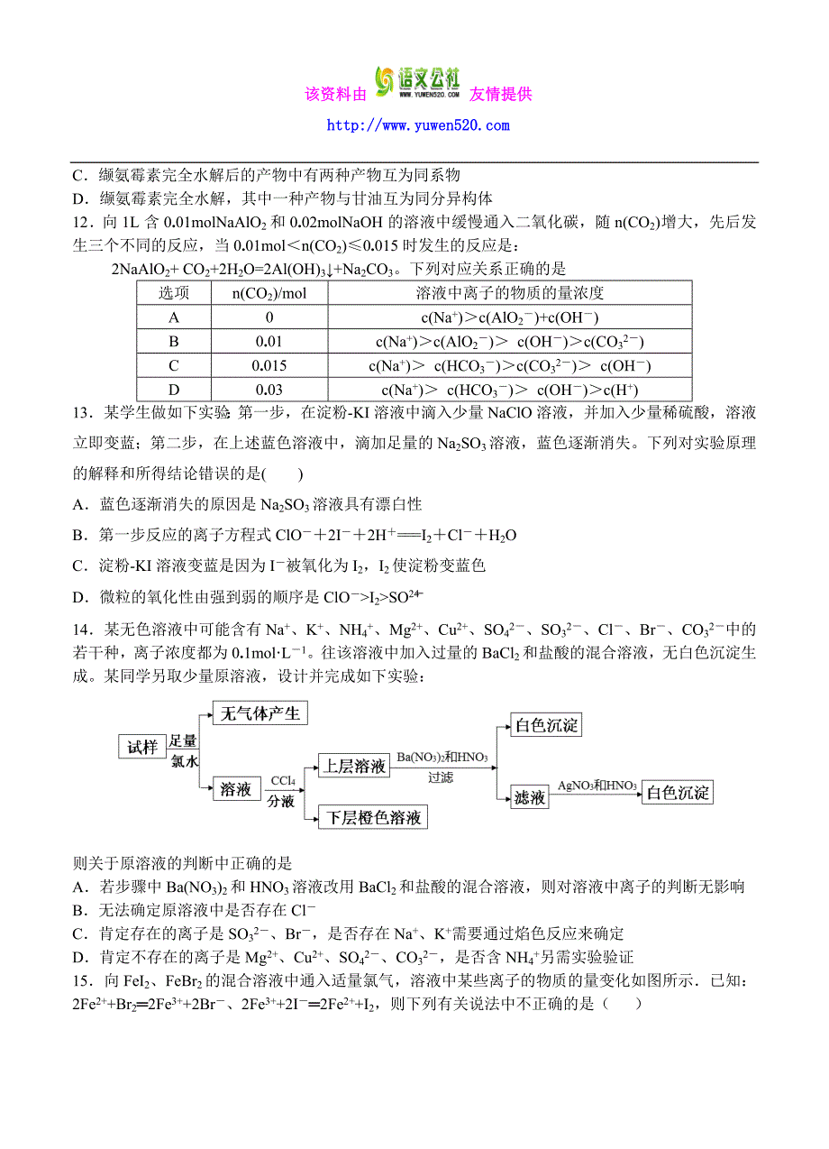 江西省2017届高三7月暑期阶段性测试化学试卷（含答案）_第3页