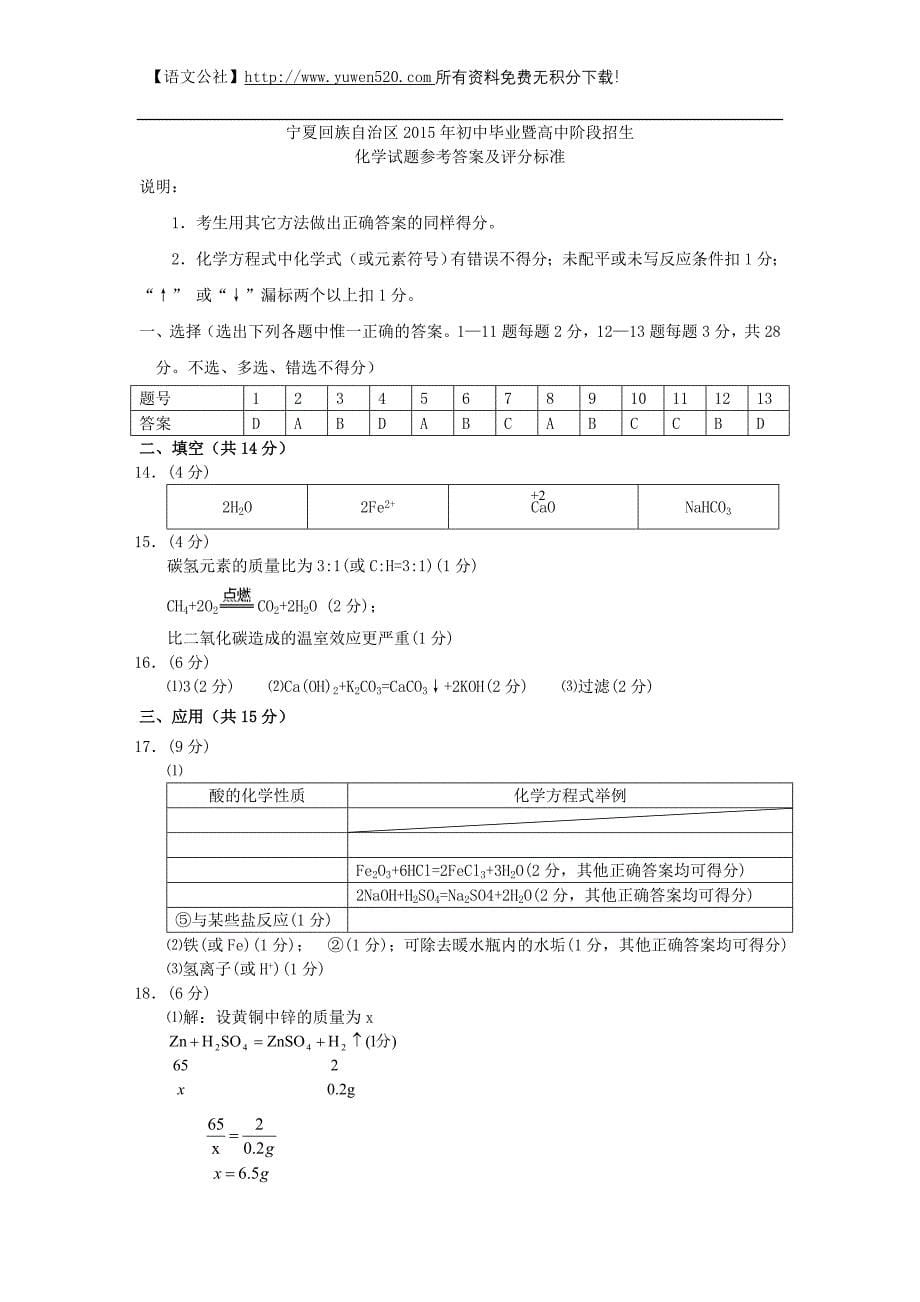 宁夏2015年中考化学真题试题（含答案）_第5页