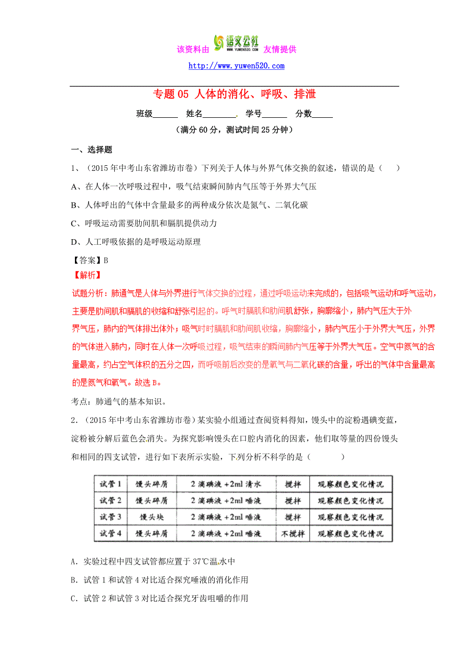 2016年中考生物微测试系列：专题（05）人体的消化、呼吸、排泄（含答案）_第1页