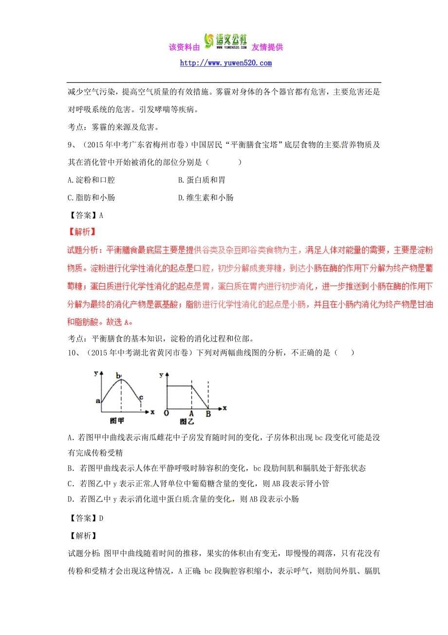 2016年中考生物微测试系列：专题（05）人体的消化、呼吸、排泄（含答案）_第5页