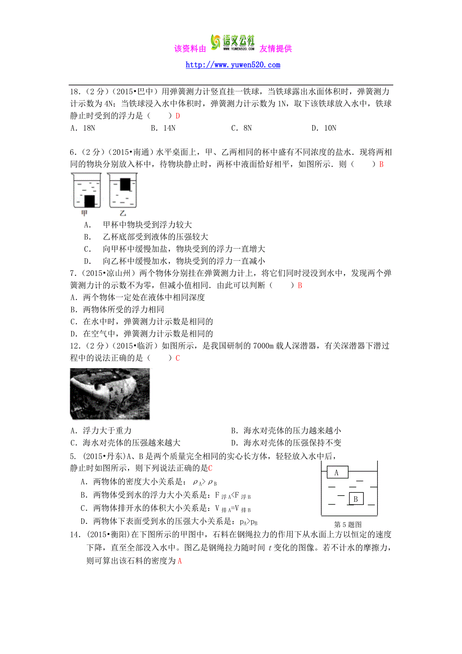 全国2015年中考物理110套试题分类汇编《浮力》（含解析）_第3页