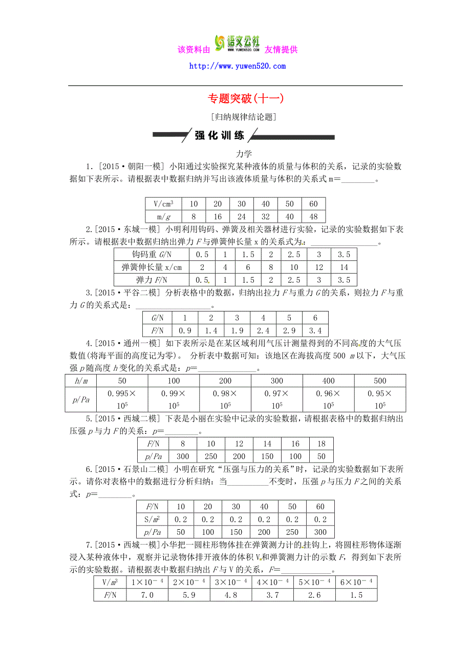 北京市2016届中考物理专题强化训练（11）归纳规律结论题（含答案）_第1页