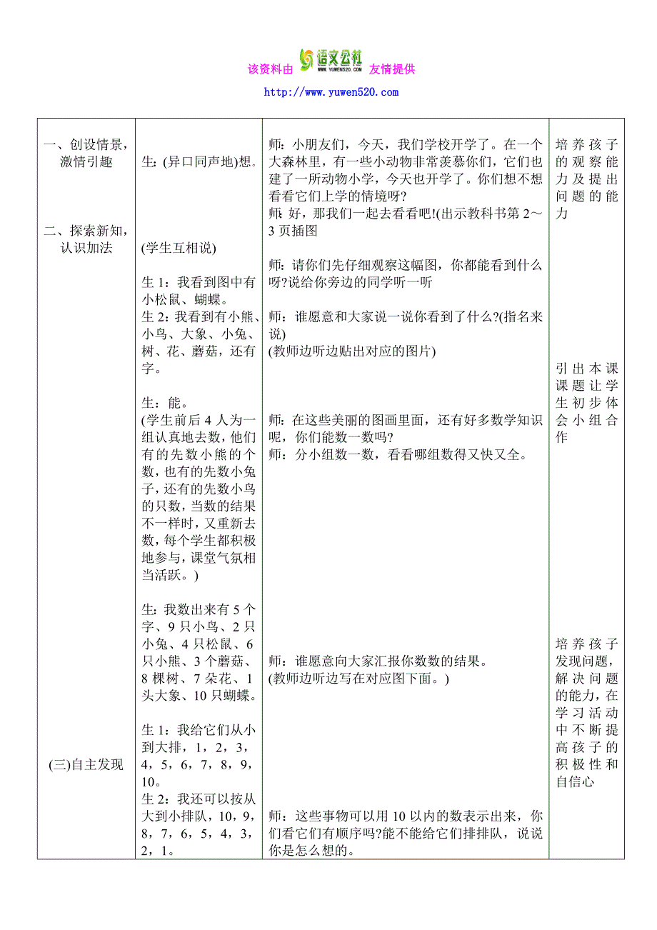 2014年北师大版一年级数学上册教案【全册，表格版，74页】_第2页