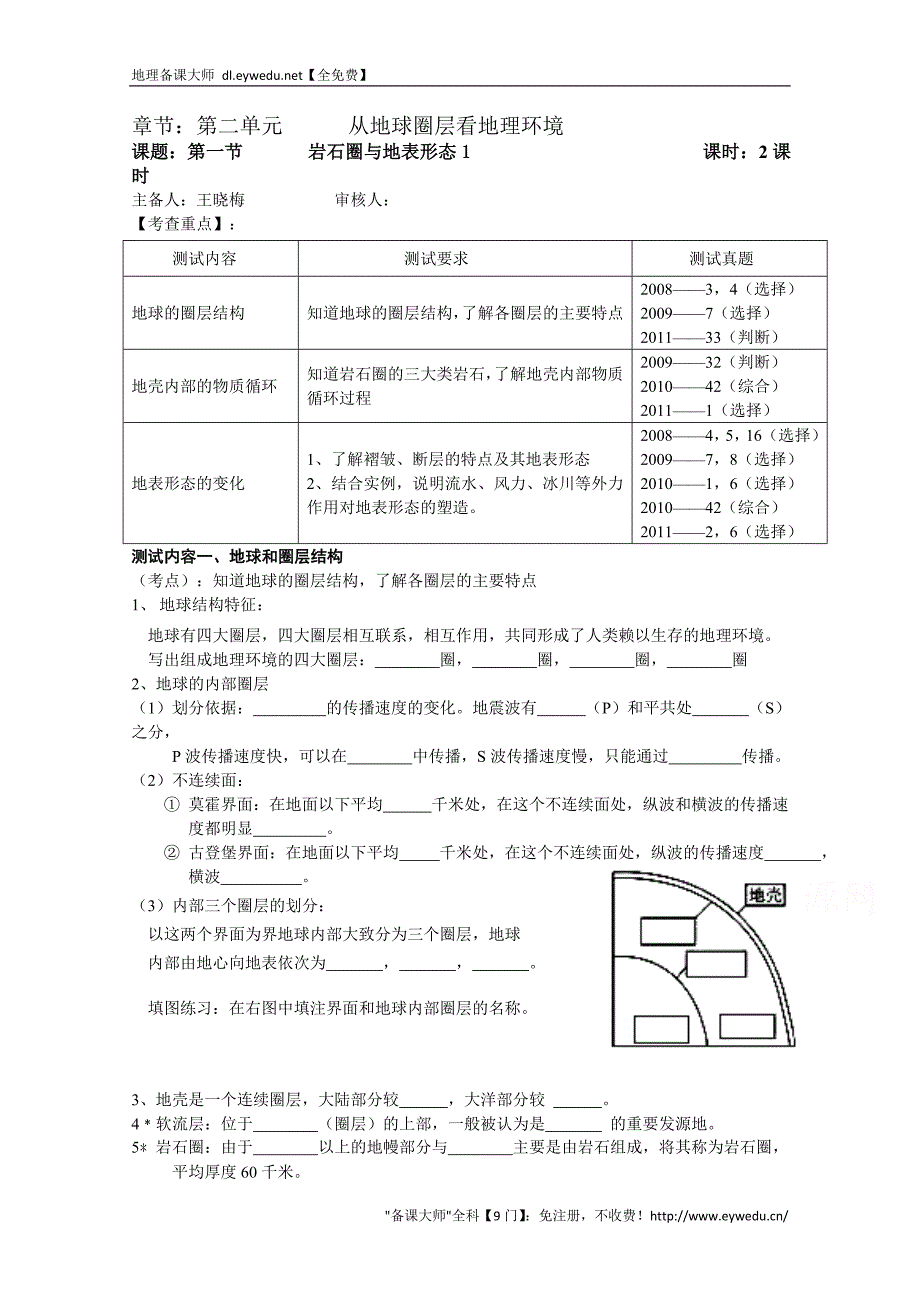 江苏省徐州市王杰中学高中地理鲁教版必修一导学案 第二单元 第一节 岩石圈与地表形态1_第1页