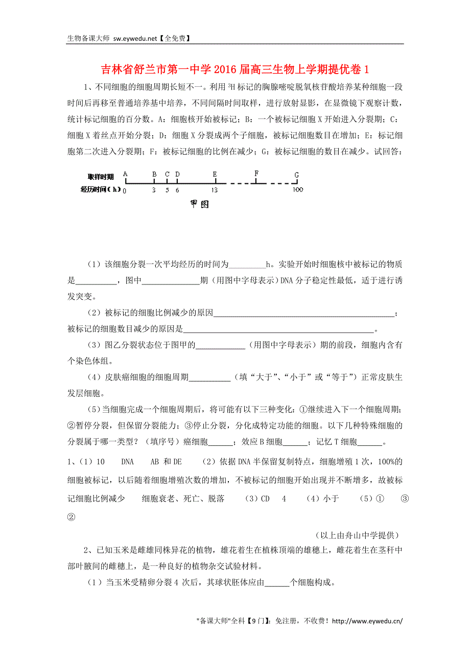 吉林省舒兰市第一中学2016届高三生物上学期提优卷1_第1页