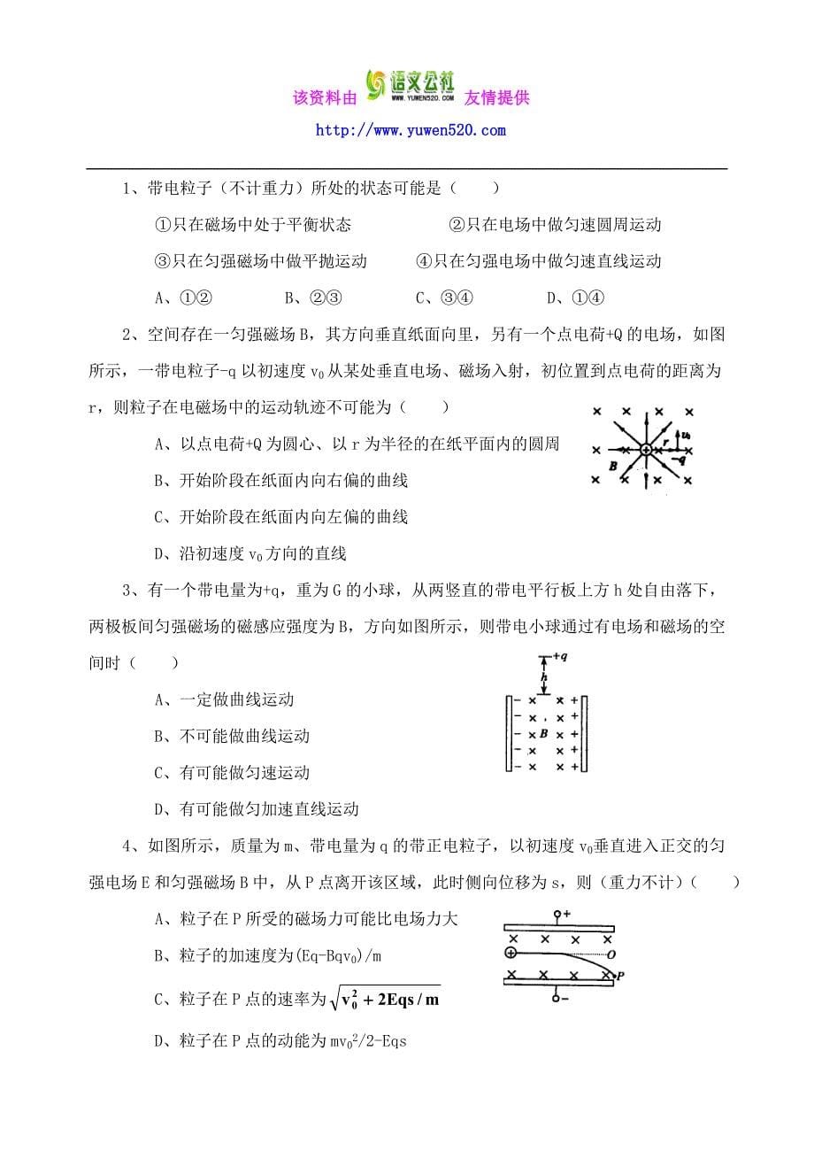 高中物理 带电粒子在复合场中的运动复习学案 新人教版选修3-1_第5页