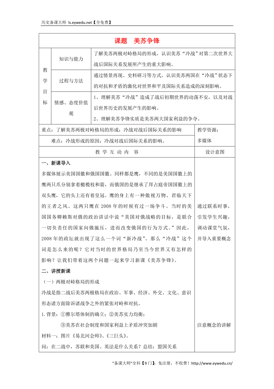 2015-2016学年高中历史 专题九 当今世界政治格局的多极化趋势 第1节 美苏争锋基础知识教案 人民版必修1_第1页