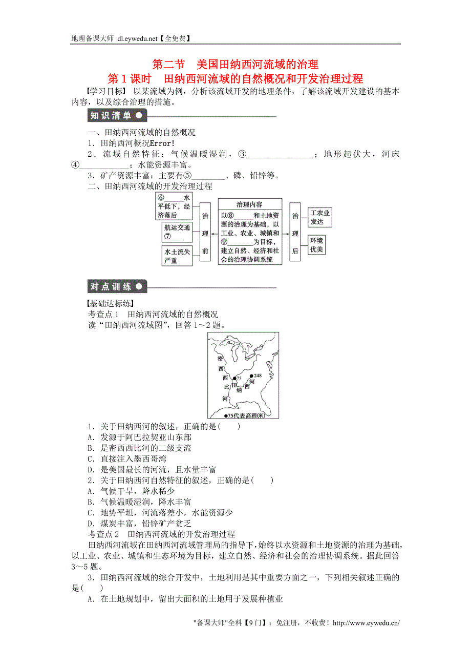 【新步步高】2015-2016高中地理 第二章 第二节 第1课时 田纳西河流域的自然概况和开发治理过程课时作业 中图版必修3_第1页