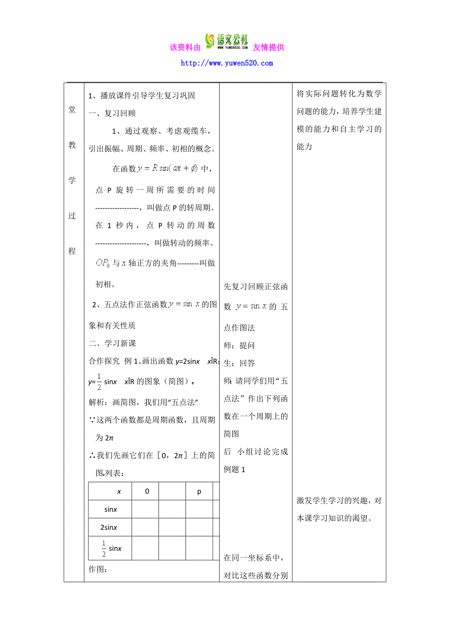 数学人教B版必修4教案：1.3.1 正弦函数的图象与性质 Word版含答案_第4页
