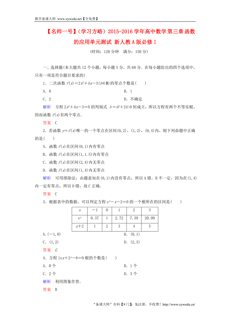 2015-2016学年高中数学 第三章 函数的应用单元测试 新人教A版必修1_第1页