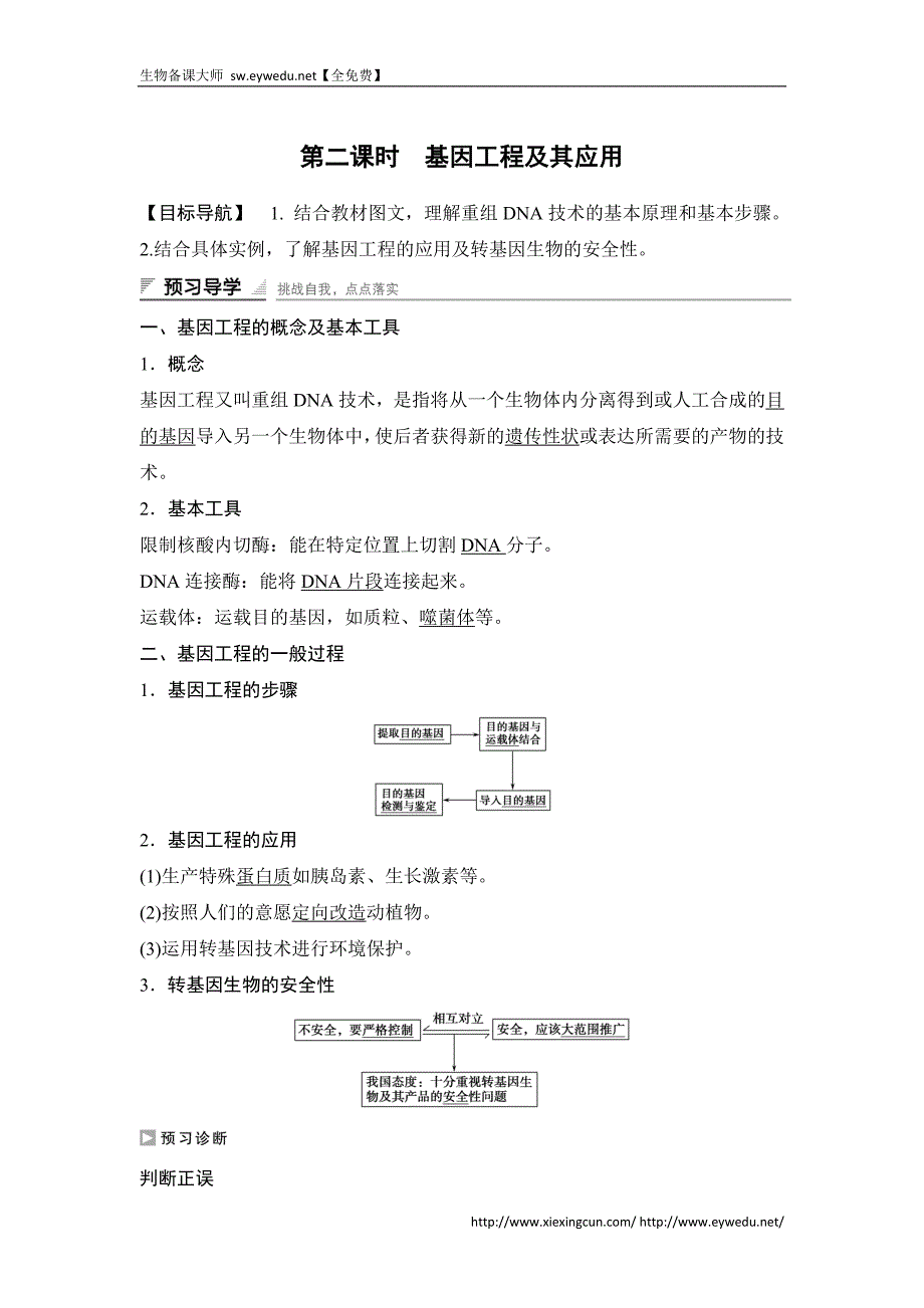 高中生物（苏教版必修二）学案文档：第四章 第四节 第二课时 基因工程及其应用_第1页