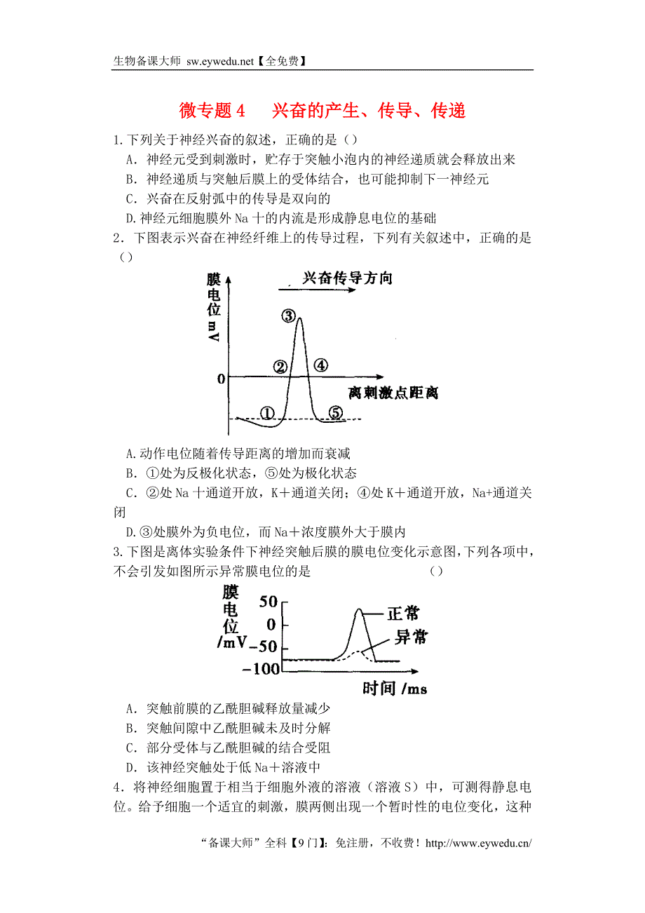 河南省雪枫中学2015届高中生物同步培优资料 微专题4 兴奋的产生、传导、传递练习 新人教版必修3_第1页