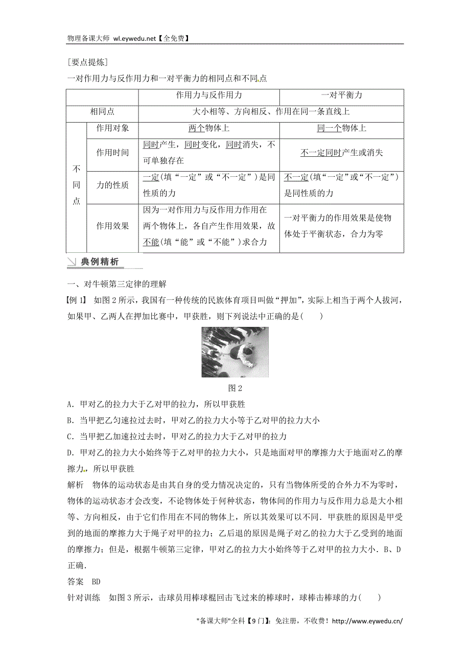 2015年秋高中物理 4.5牛顿第三定律学案+检测 新人教版必修1_第3页