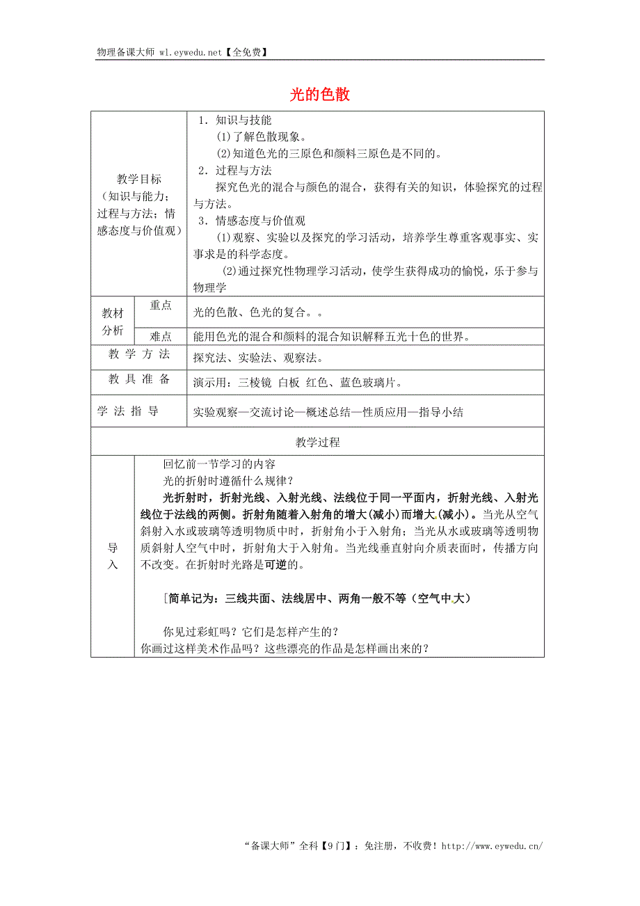 安徽省桐城市嬉子湖中心学校八年级物理上册第4章 第5节 光的色散教案 新人教版_第1页