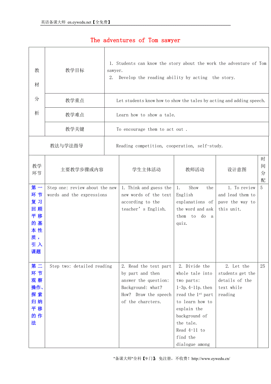 2015秋九年级英语上册 Unit 7《The Adventures of Tom Sawyer》教案2 （新版）牛津深圳版_第1页
