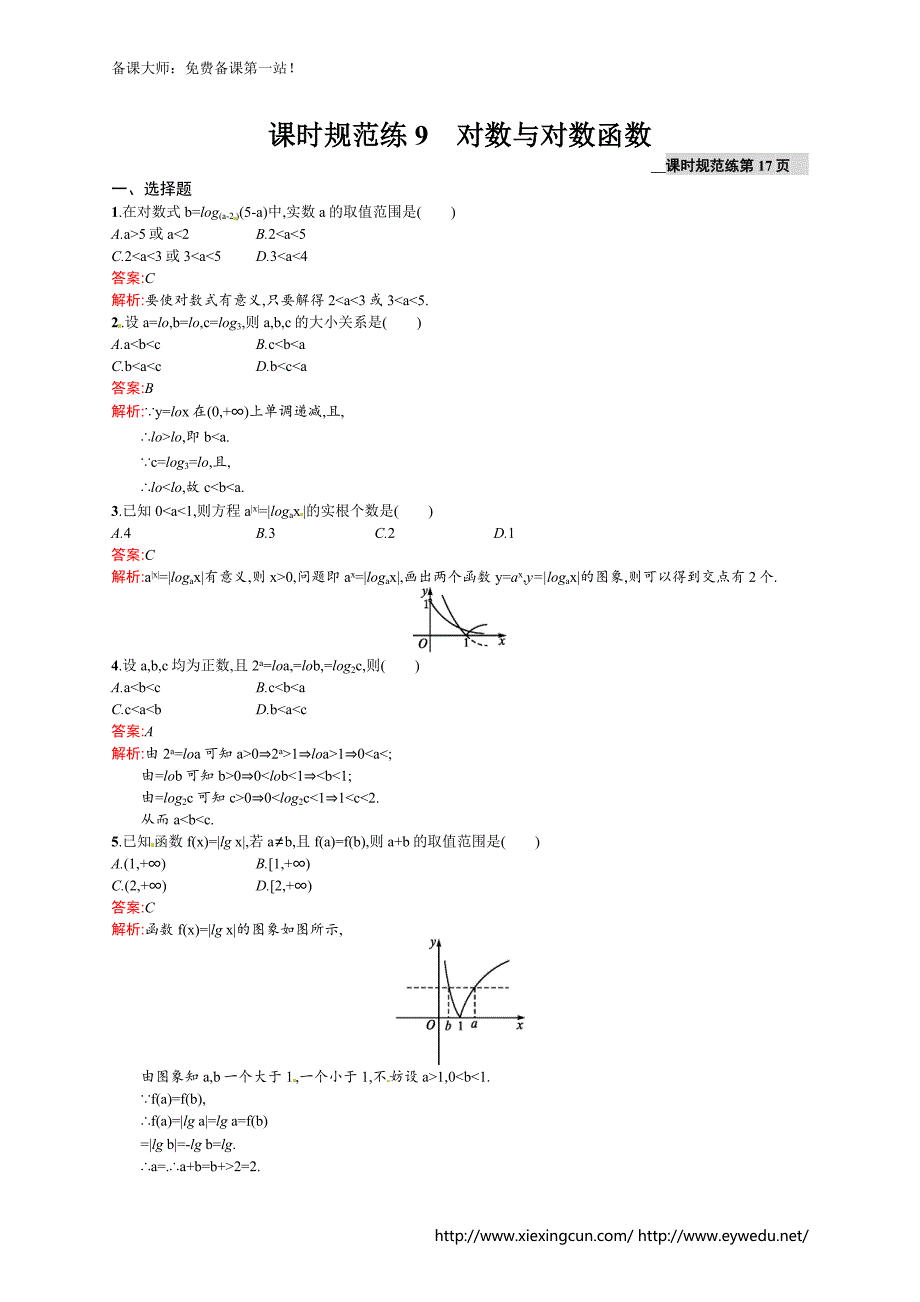 高考数学（理）一轮规范练【9】对数与对数函数（含答案）_第1页