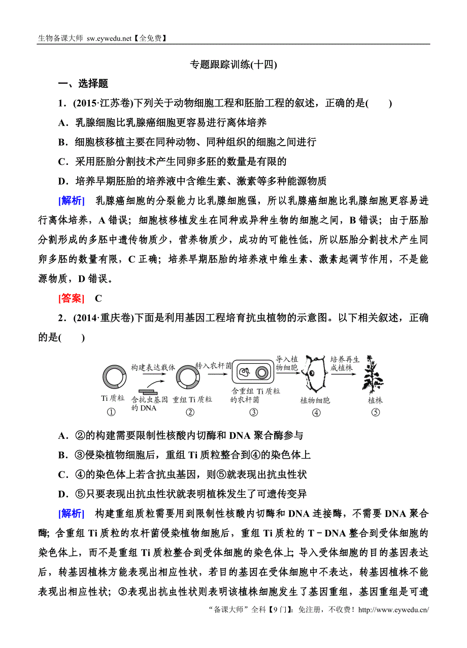 2016高考生物二轮专题跟踪训练14基因工程与克隆技术_第1页