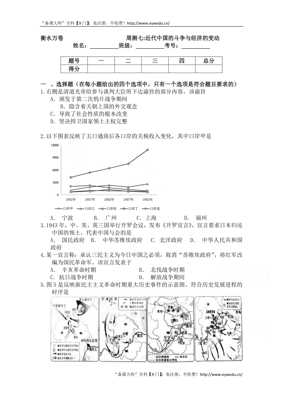 （衡水万卷）2016届高三历史二轮复习高考周测卷（含答案解析）周测七近代中国的斗争与经济的变动_第1页