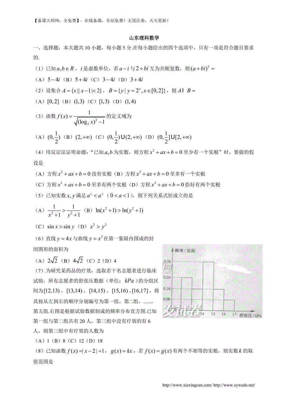 2014年山东高考理科数学试题及答案（Word版）_第1页