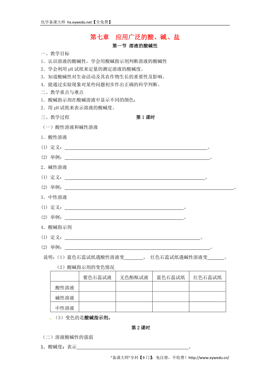 江苏省九年级化学全册 第七章 第一节 溶液的酸碱性导学案（无答案）（新版）沪教版_第1页