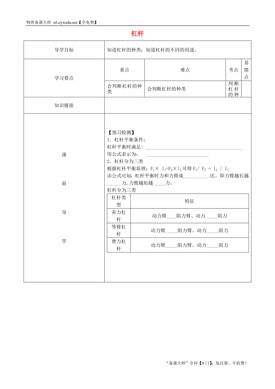 【人教版】八年级物理下册：12.1《杠杆》导学案（3）_第1页