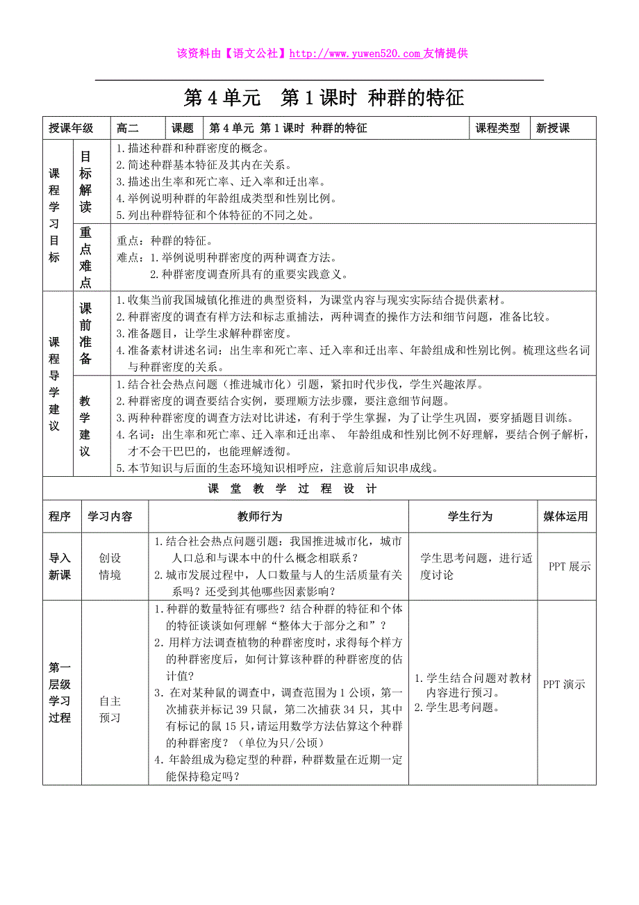 《种群的特征》教师教学实施方案_第1页