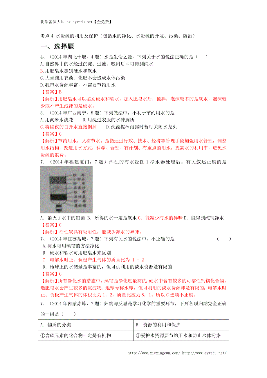 中考化学《水资源的利用及保护》考点解析（含答案）_第1页