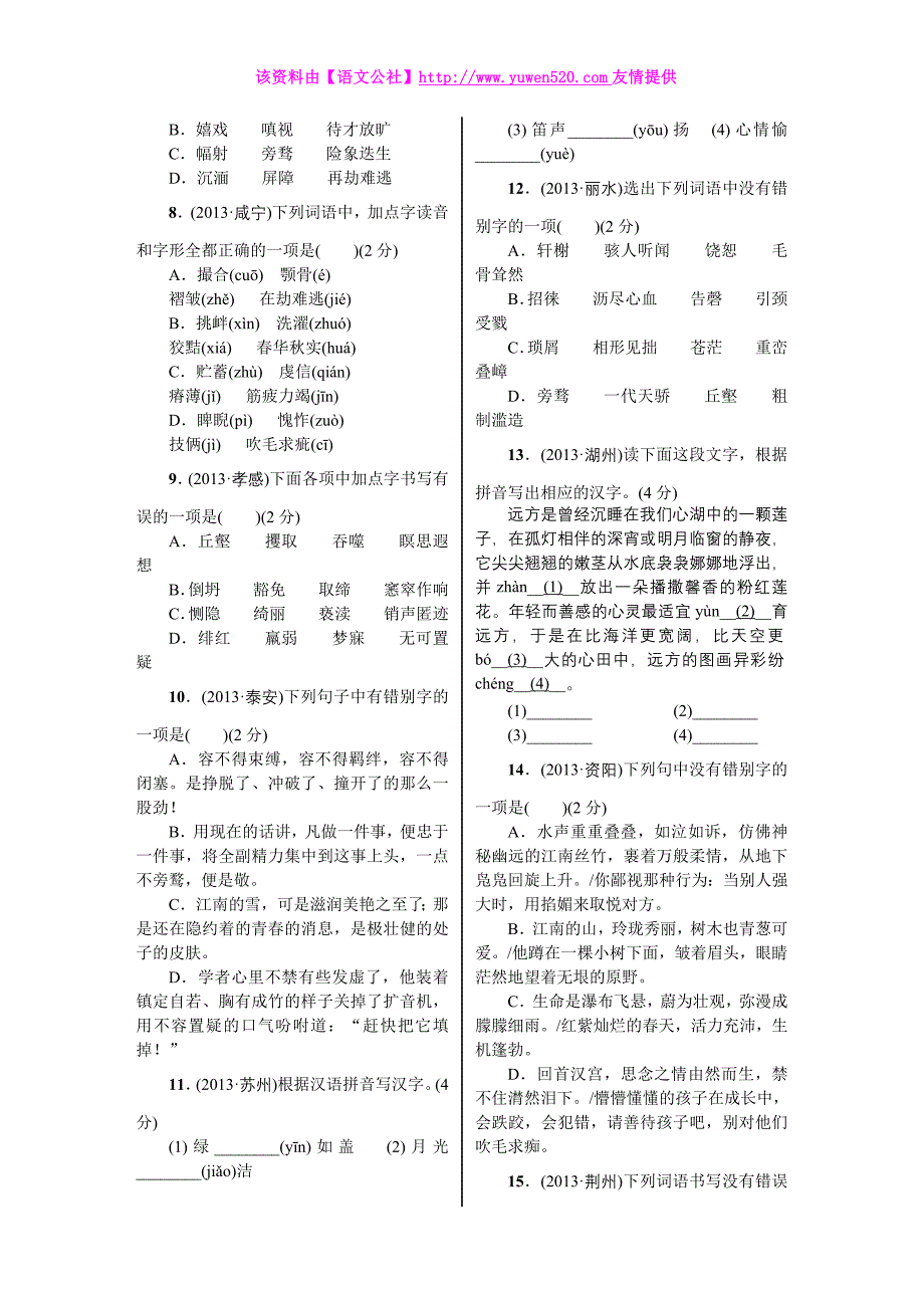 中考语文复习（知识梳理 考点精讲 课后提升）-第2课-汉字·课后测评_第2页